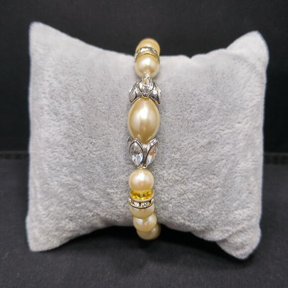 Vintage Faux Pearl Rhinestone Bracelet, Hand-knotted Glass Pearls - Picture 1 of 10